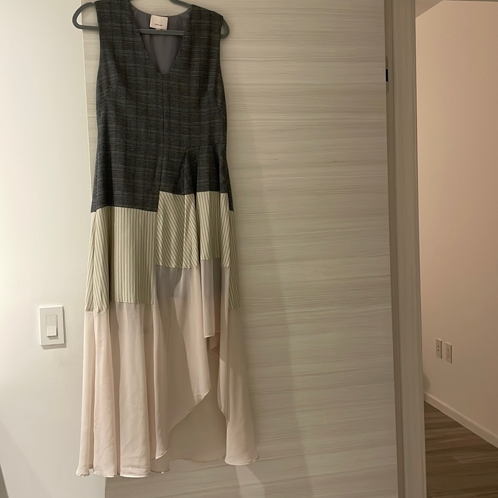 Cinq a Sept grey houndstooth tweed sleeveless midi dress w/ chiffon mixed media